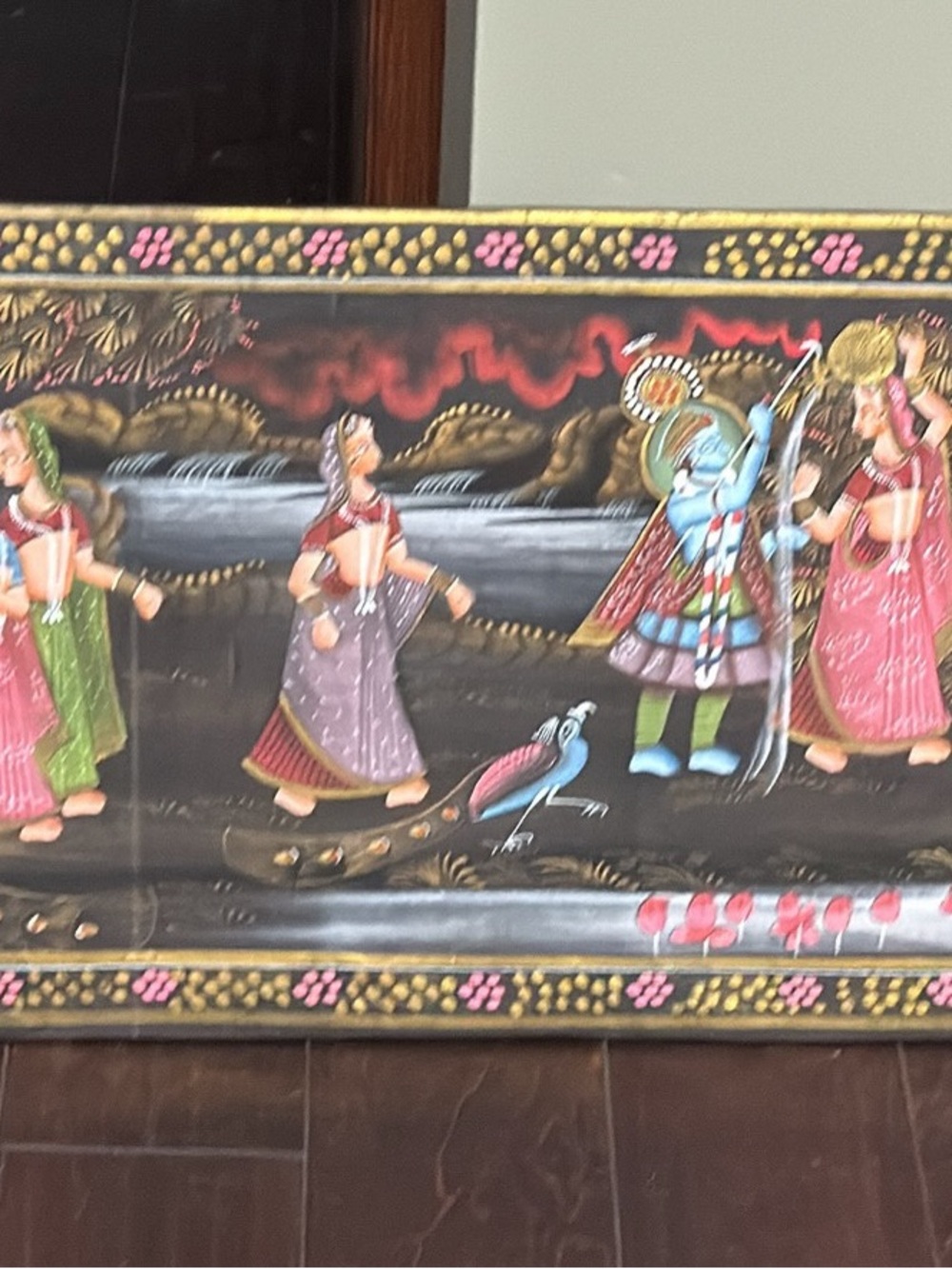 Hand-Painted Indian Mythology Wall Art - Multicolor on silk cloth  on hardwood